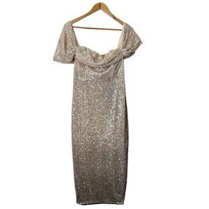 Pretty Little Thing Silver All Over Sequin Drape Bardot Midi Evening Dress Uk 10